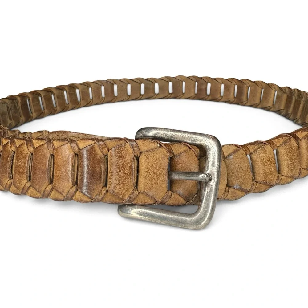 Vintage Braided Link Leather Solid Brass Buckle Belt Brown Patina MEN'S 32
